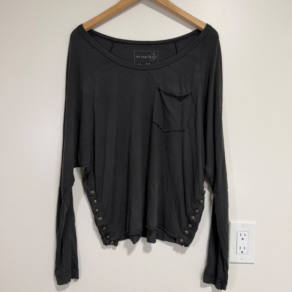 Free People We The Free Button Side Pocket Top Small Black Long Sleeve Grunge